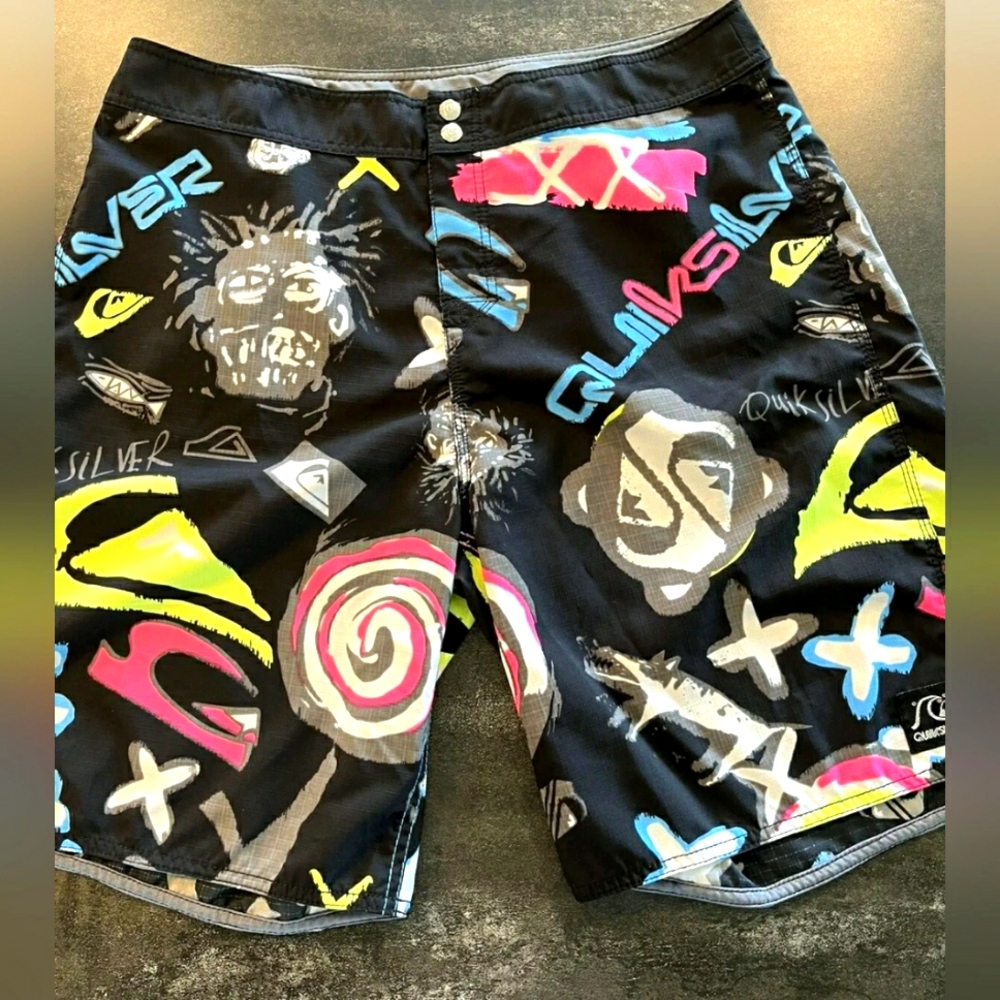 Mens Quicksilver Board Shorts Swim Trunks Sz 36 Retro EUC Bright Fluorescent